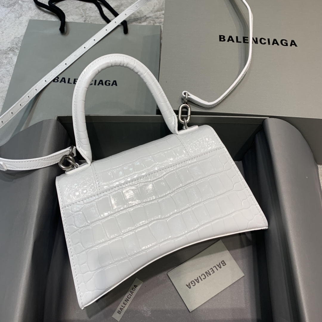 Balenciaga Hourglass Small Handbag Crocodile Embossed Shoulder Bag White